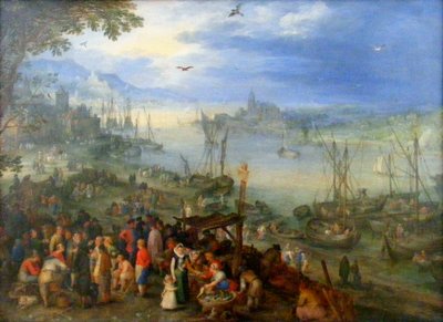 Fischmarkt am Ufer eines Flusses von Jan the Elder Brueghel